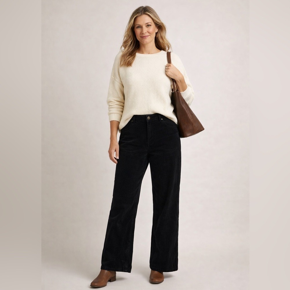 Eddie Bauer Corduroy Pants Jeans Womens‎ 14 Black Mid Rise Wide Leg Bootcut Work